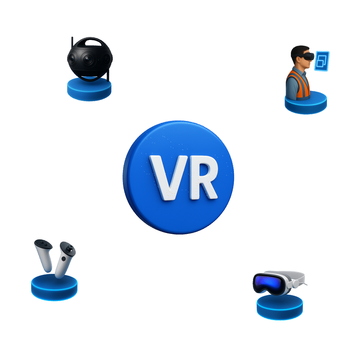 Ícones 3D representando experiências em Realidade Virtual com headset VR, controladores de movimento, câmera 360° e avatar digital.