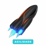 Foguete preto com efeitos de propulsão azul.