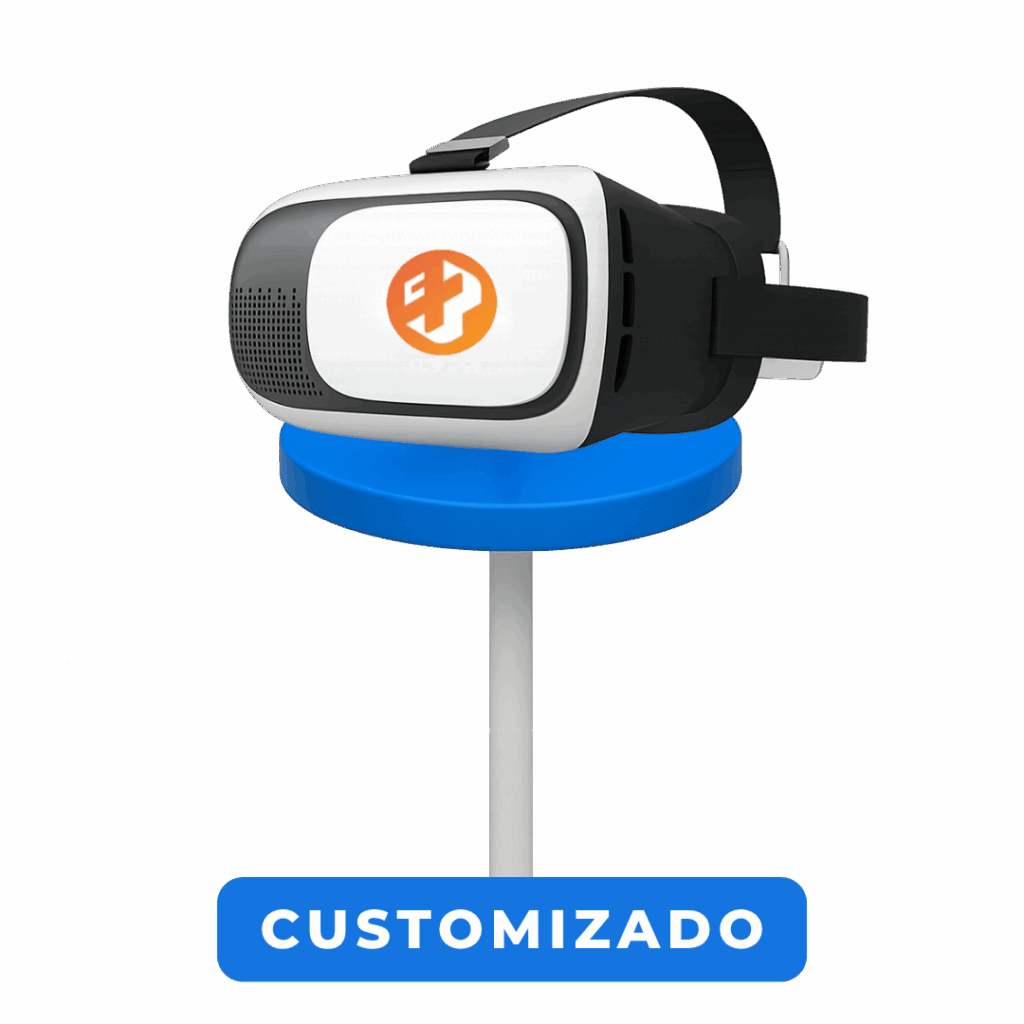 Headset VR branco e preto com logotipo customizado.