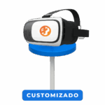 Headset VR branco e preto com logotipo customizado.