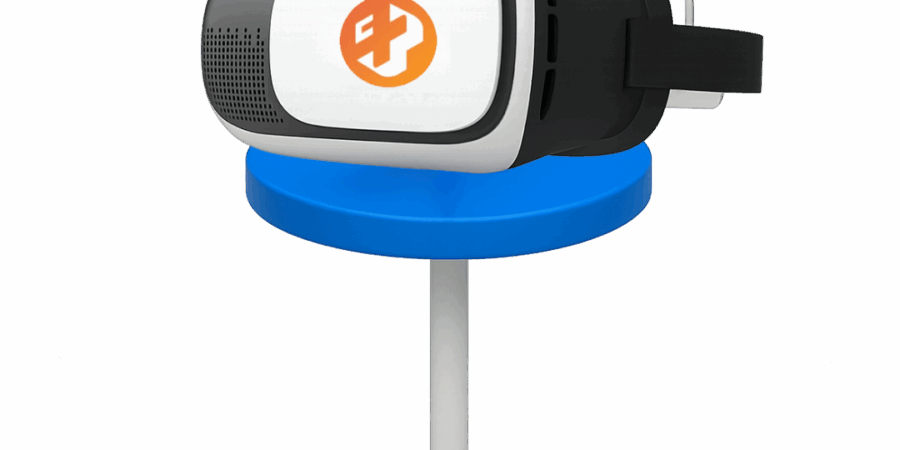 Headset VR branco e preto com logotipo customizado.