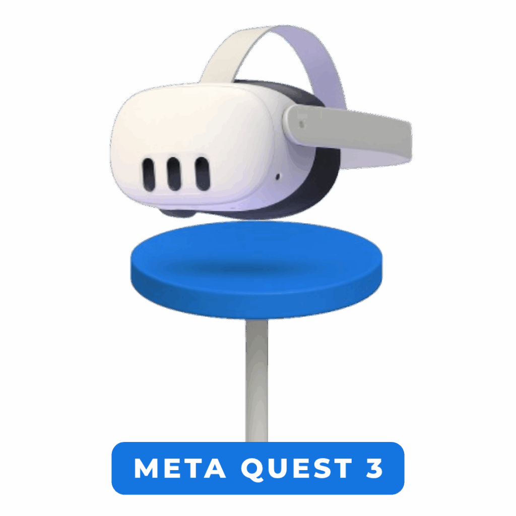Headset Meta Quest 3 moderno em base azul.