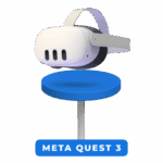 Headset Meta Quest 3 moderno em base azul.
