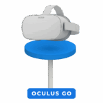 Headset Oculus Go branco sobre base azul.