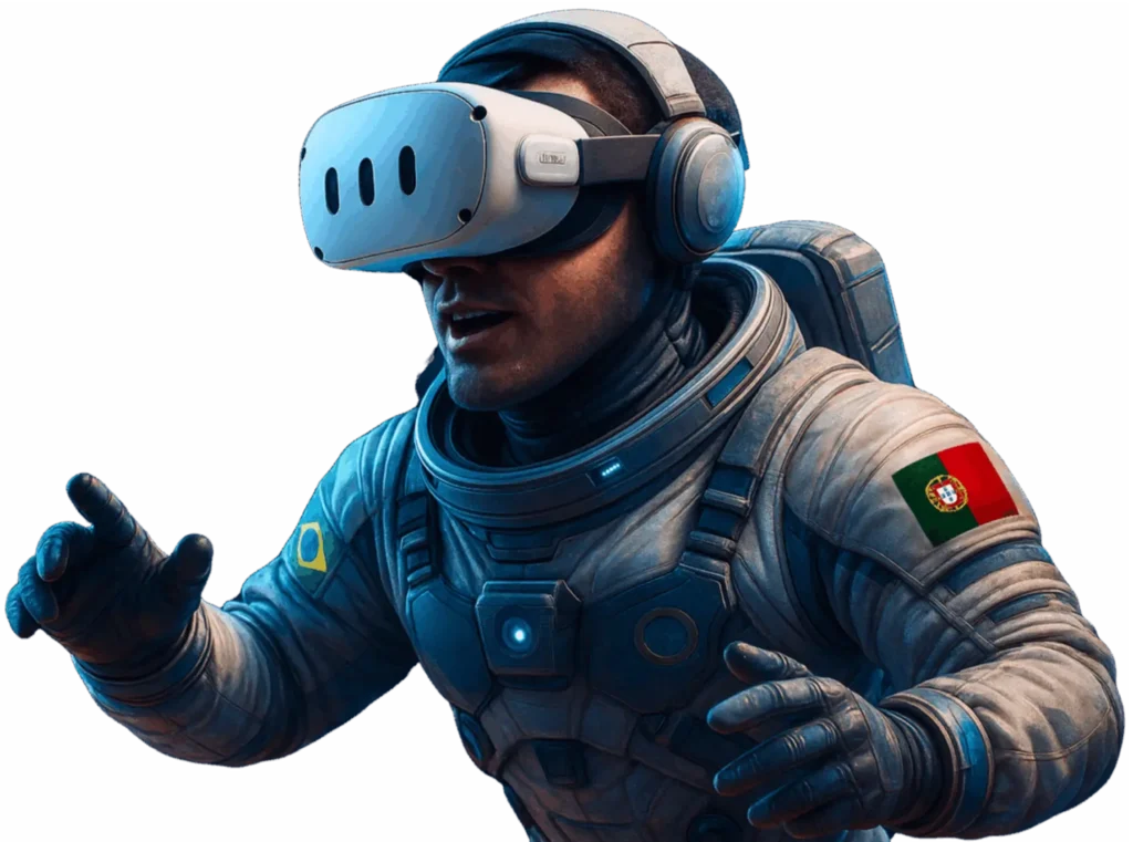 Astronauta com óculos de Realidade Virtual representando a atuação da Casa Mais no Brasil e em Portugal nas áreas de VR, AR, IA e Metaverso.