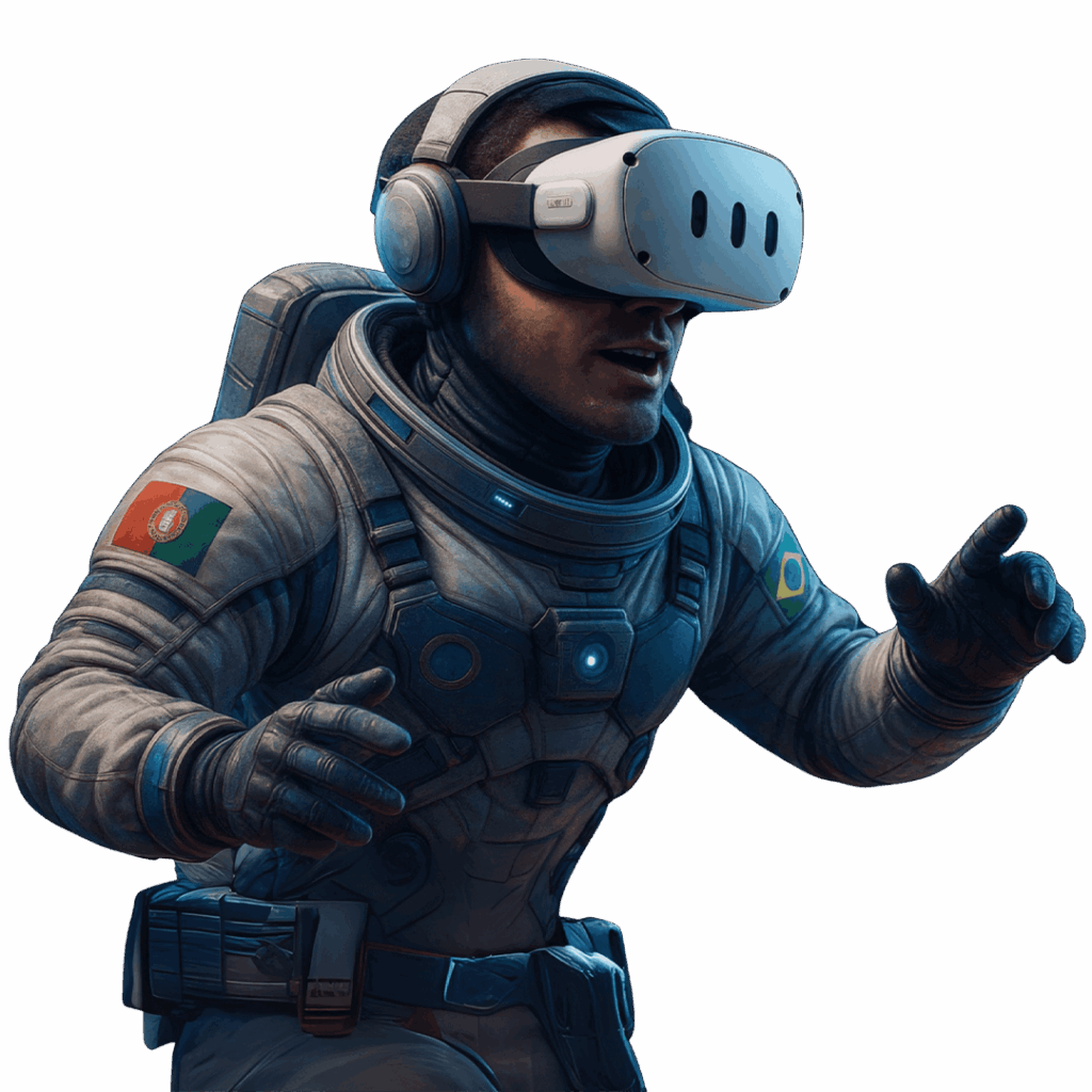 Astronauta com óculos de Realidade Virtual representando a atuação da Casa Mais no Brasil e em Portugal nas áreas de VR, AR, IA e Metaverso.