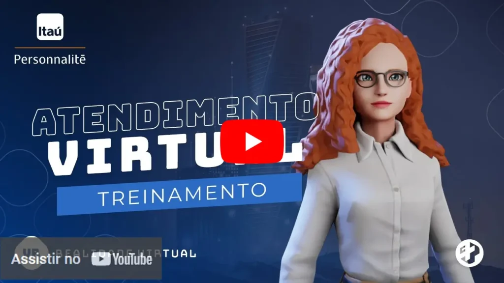 Treinamento virtual de atendimento com avatar feminino e cenário corporativo digital.