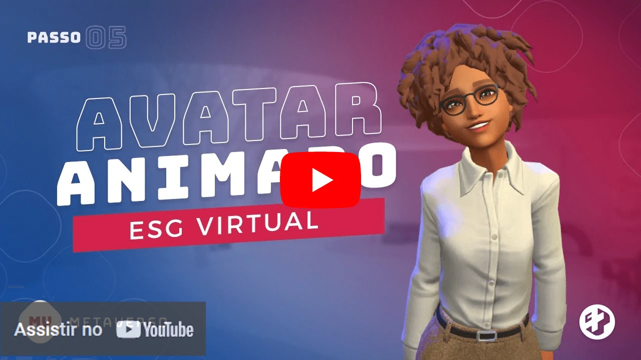 Imagem com personagem 3D sorridente e óculos ao lado do texto “Avatar Animado – ESG Virtual” em estilo moderno e colorido.
