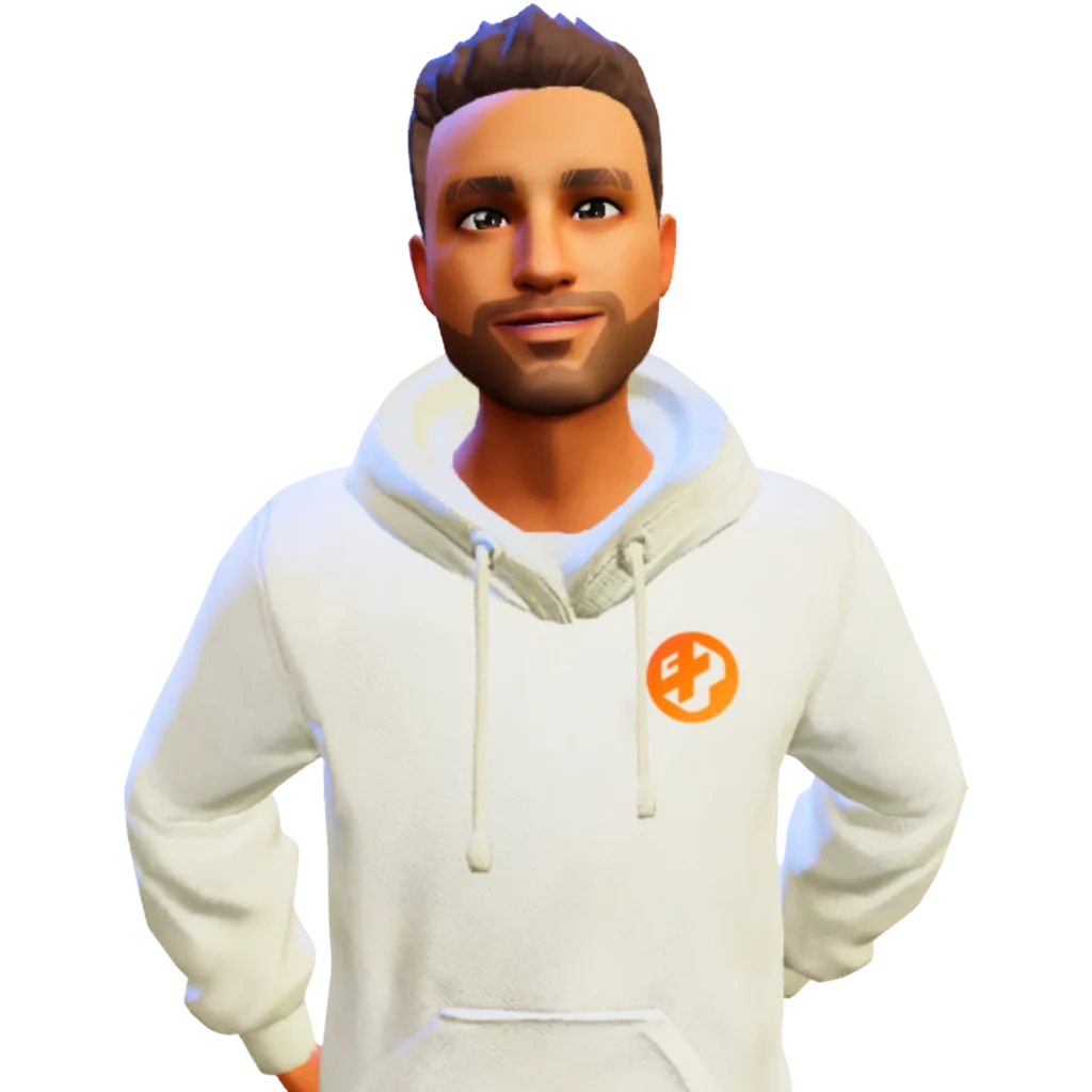 Avatar masculino com moletom branco e logo laranja em fundo transparente.