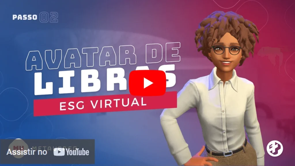 Imagem de uma personagem 3D sorridente com óculos ao lado do texto “Avatar de Libras – ESG Virtual”, com fundo em tons roxos e azulados.