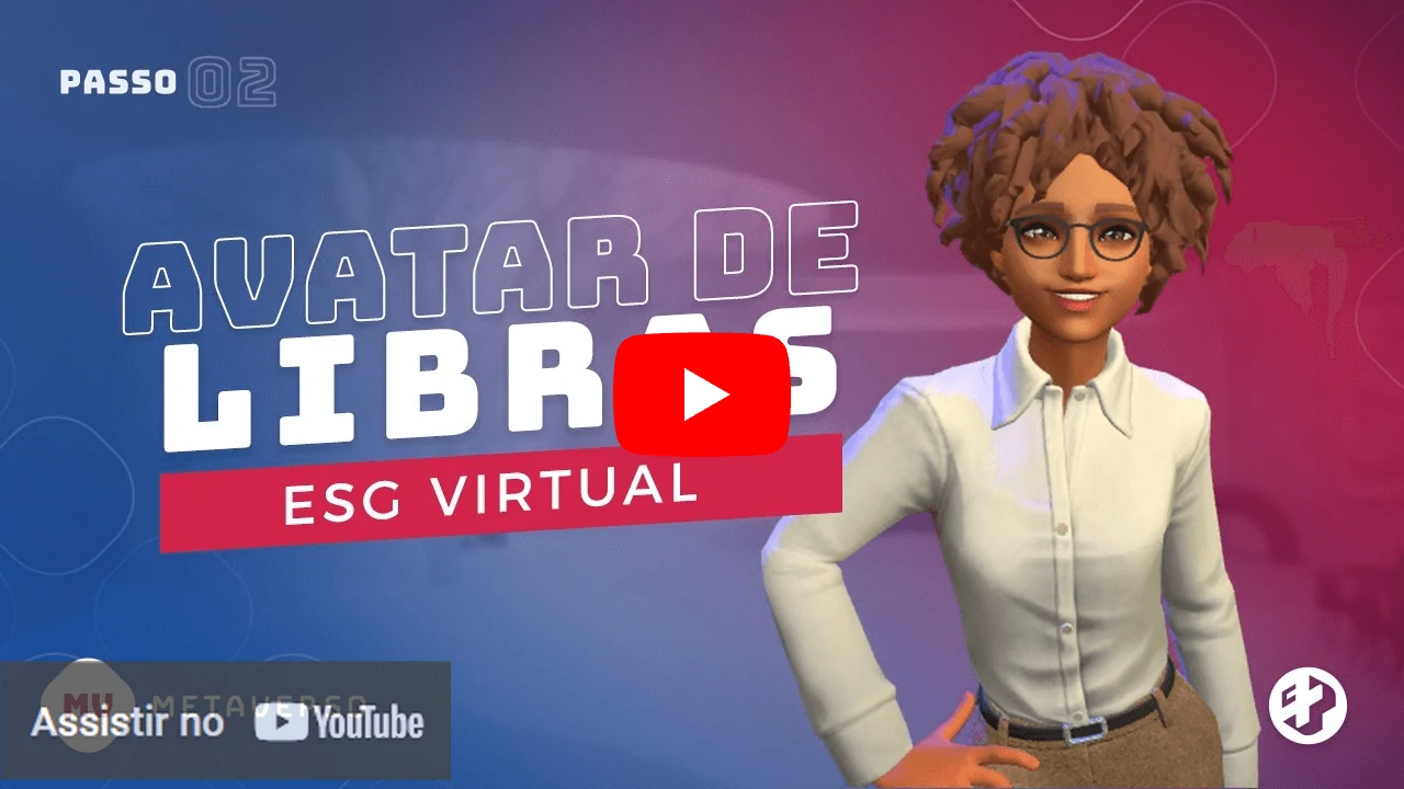 Imagem de uma personagem 3D sorridente com óculos ao lado do texto “Avatar de Libras – ESG Virtual”, com fundo em tons roxos e azulados.