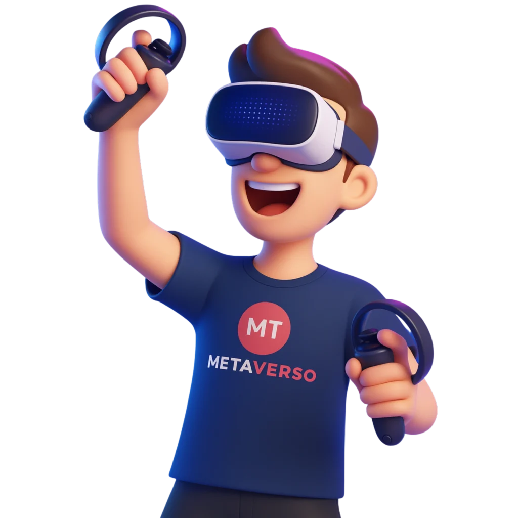 Avatar animado com óculos VR e camiseta “Metaverso” interagindo com controle de movimento