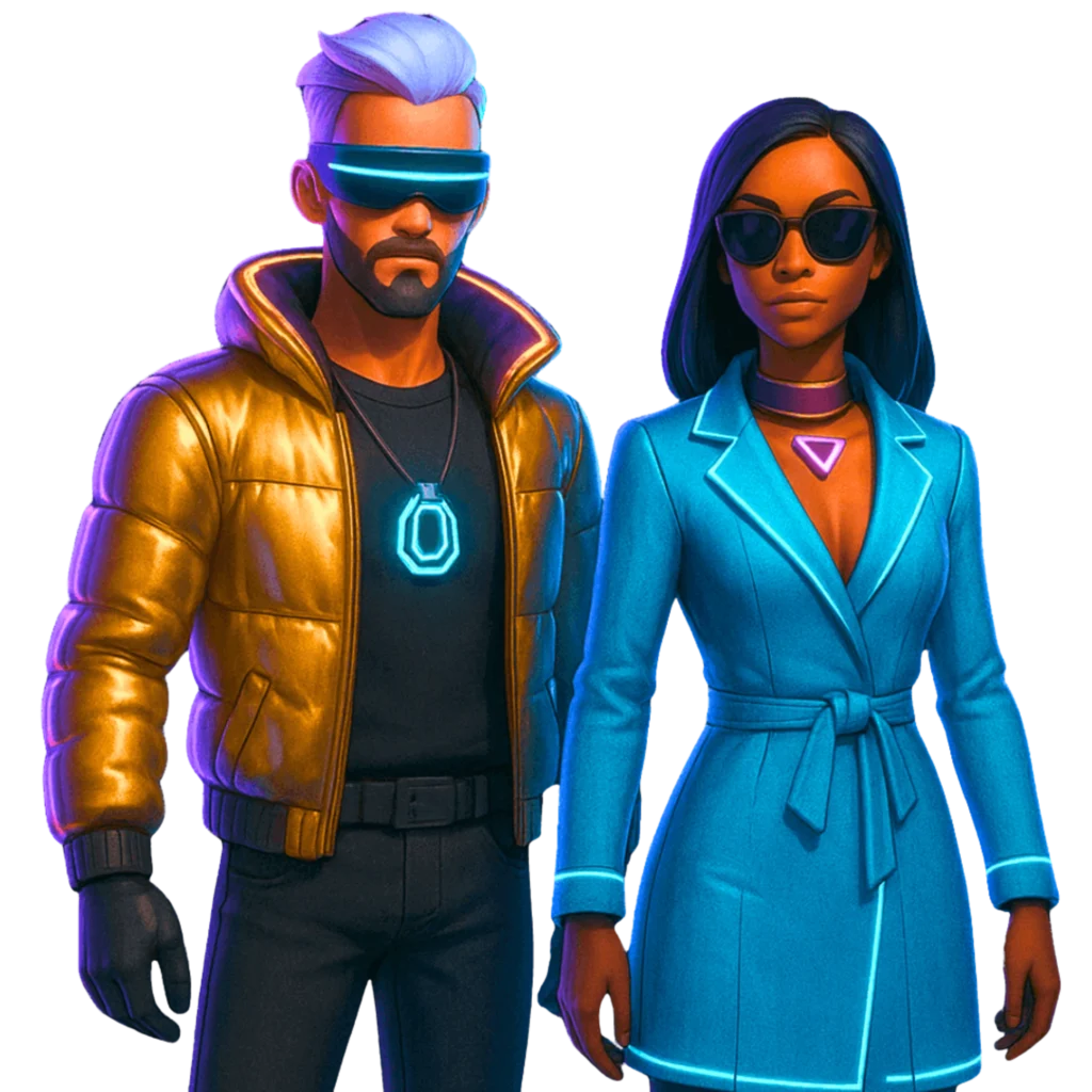 Dois avatares futuristas, homem com jaqueta dourada e mulher com casaco azul, representando personagens no Metaverso