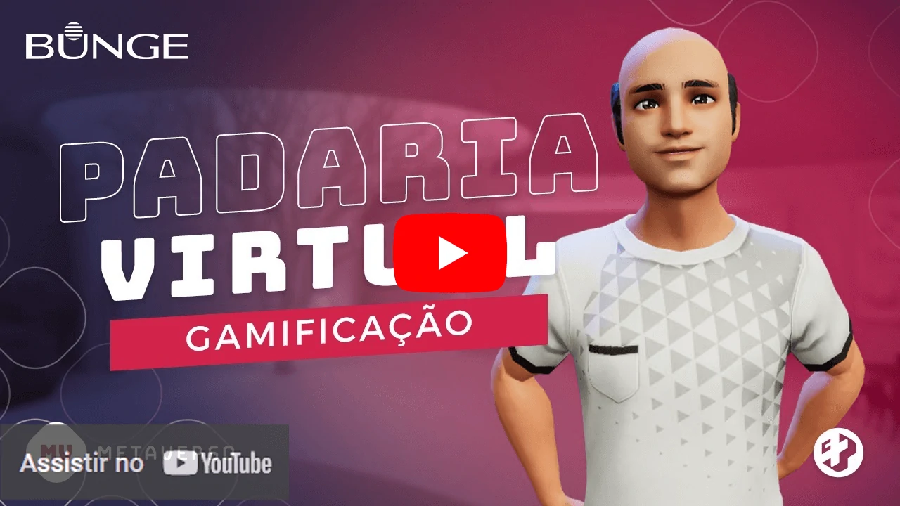 Imagem do jogo “Padaria Virtual” com avatar masculino sorridente em destaque e fundo em tons de vermelho. Projeto de gamificação da Bunge.
