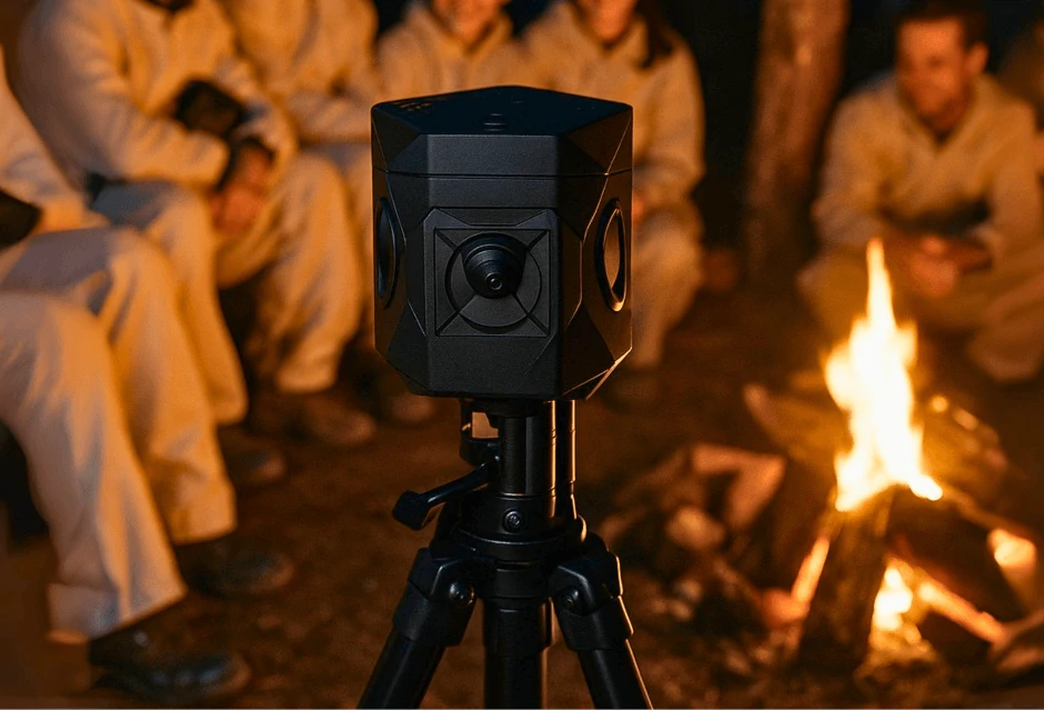 Câmera 360º da Sony capturando ambiente ao redor de uma fogueira com pessoas ao fundo.