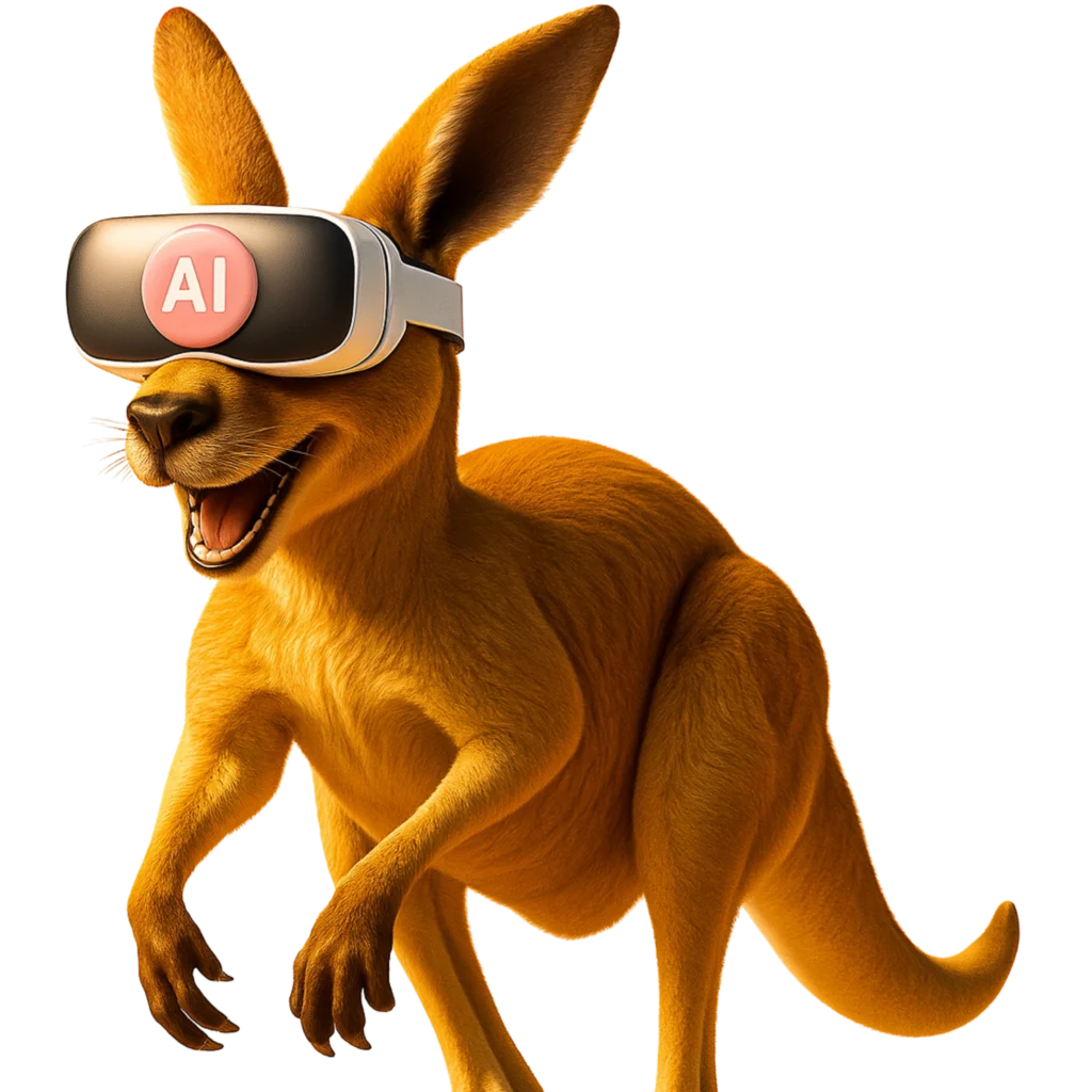 Canguru com óculos de realidade virtual e selo de Inteligência Artificial (AI).