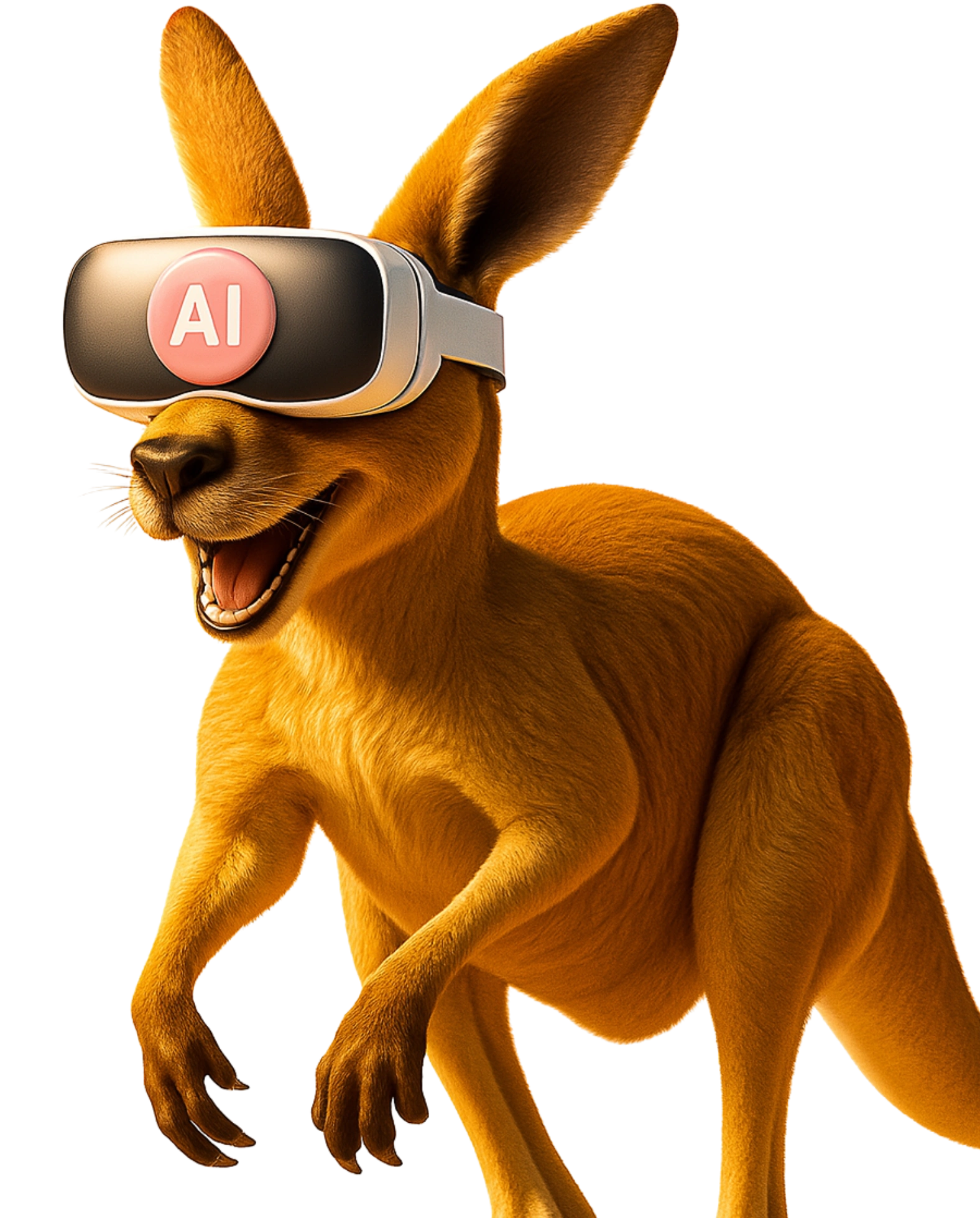 Canguru com óculos de realidade virtual exibindo o logo de Inteligência Artificial da Casa Mais.