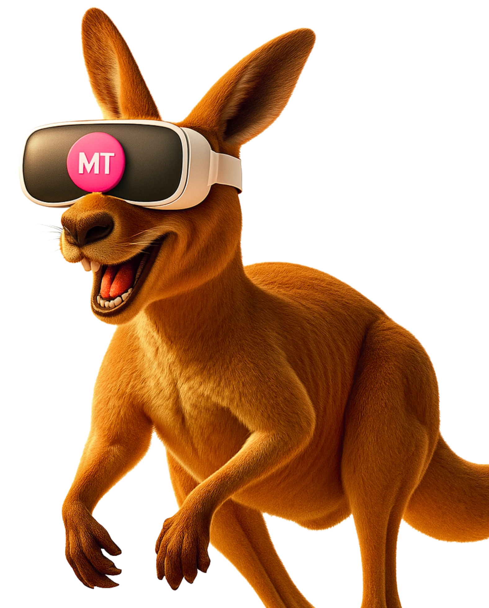 Canguru animado com óculos de Metaverso e selo MT em fundo amarelo.