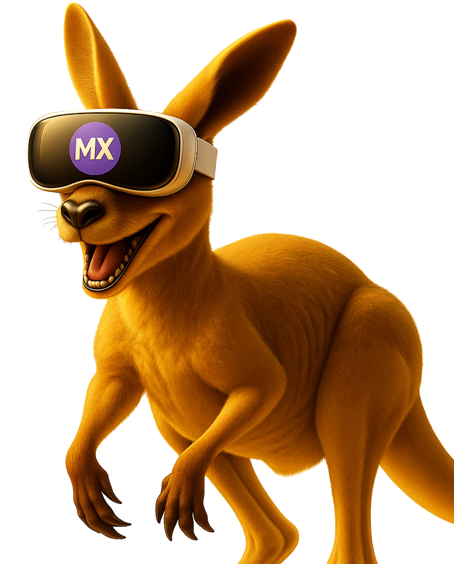 Canguru com óculos de Realidade Mista e logo MX representando inovação tecnológica da Casa Mais.