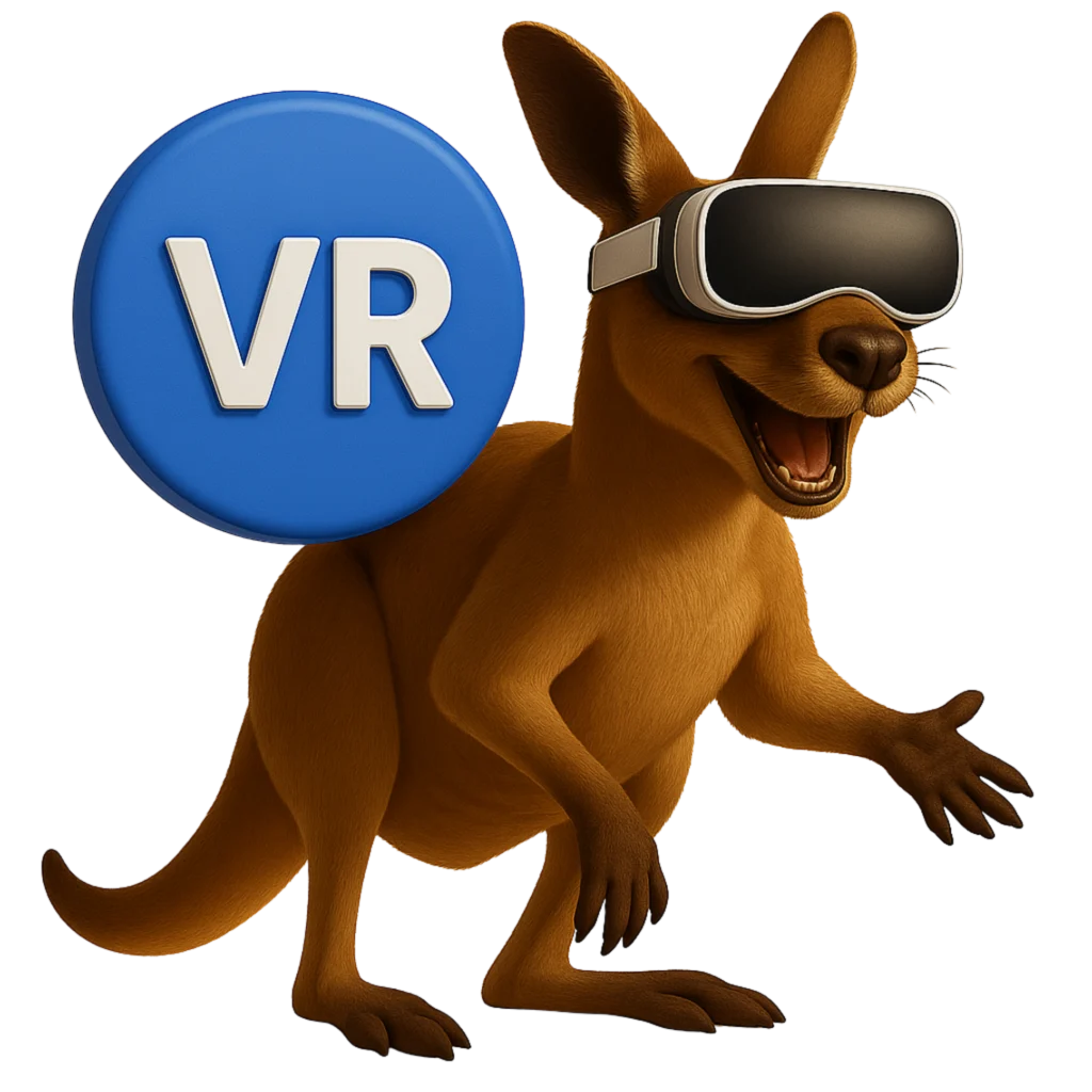 Canguru com óculos de Realidade Virtual ao lado do ícone VR