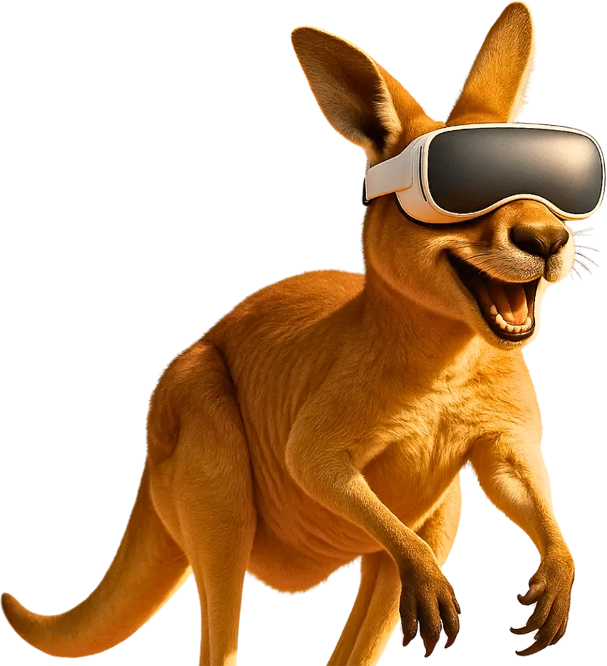 Canguru sorridente usando óculos de Realidade Virtual em fundo transparente.