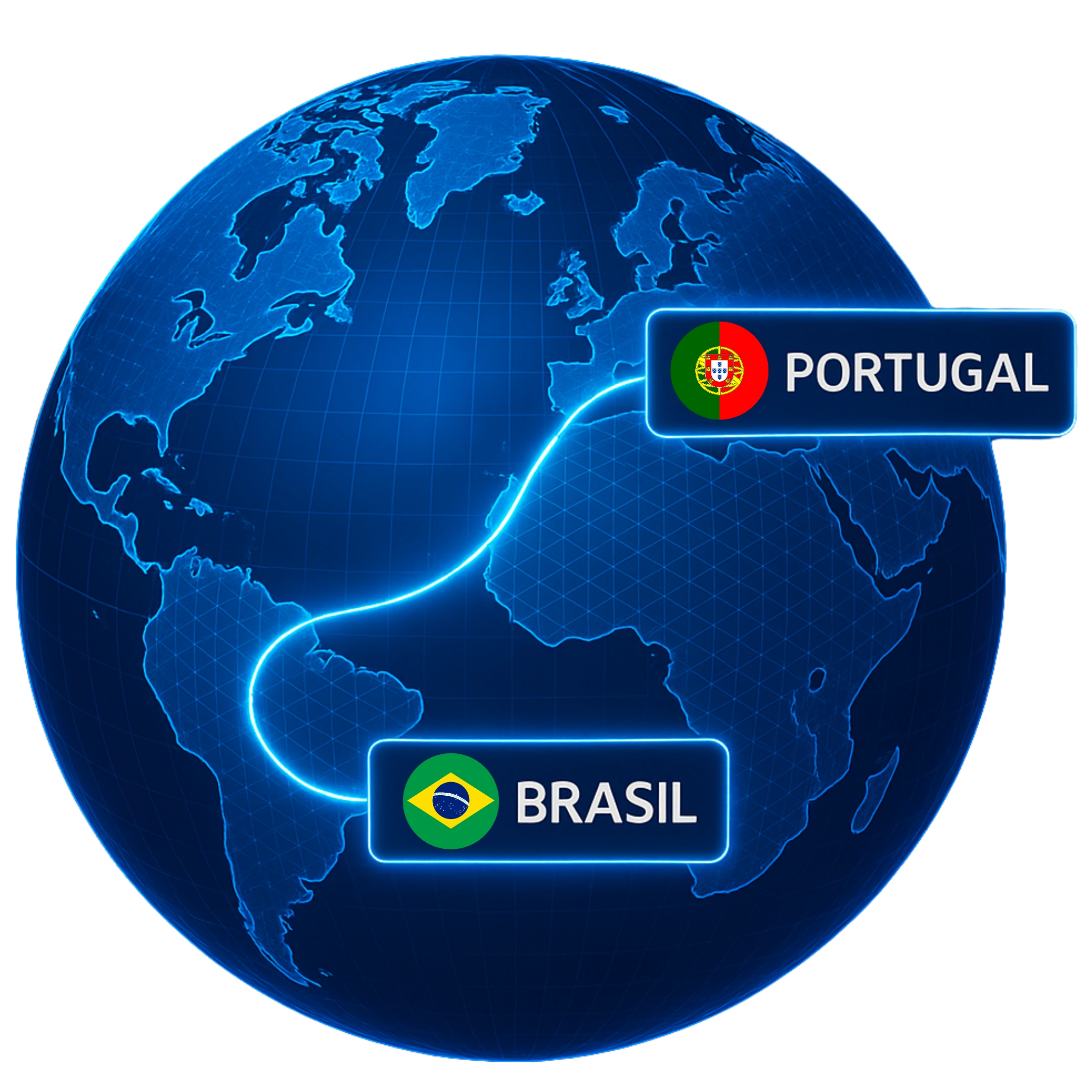 Globo digital com conexão entre Brasil e Portugal destacando a presença internacional da Casa Mais.