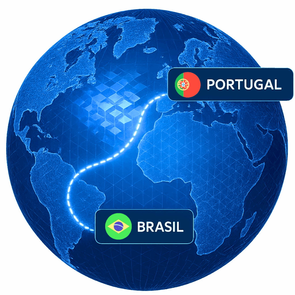 Mapa estilizado com marcações no Brasil e em Portugal, representando a atuação internacional da Casa Mais em tecnologias como VR, AR, IA, MX e Metaverso.