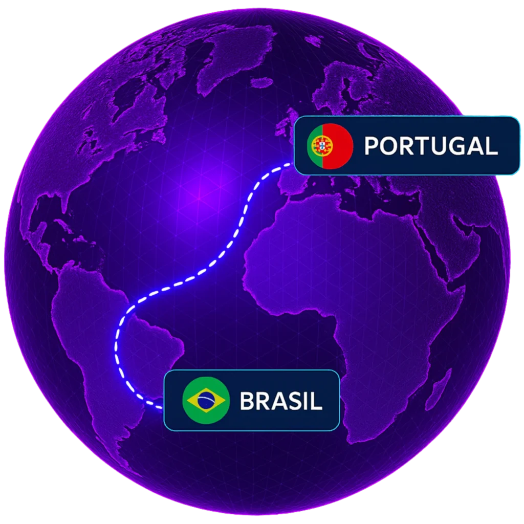 Mapa com rota entre Brasil e Portugal destacando a atuação internacional da Casa Mais em tecnologias imersivas.