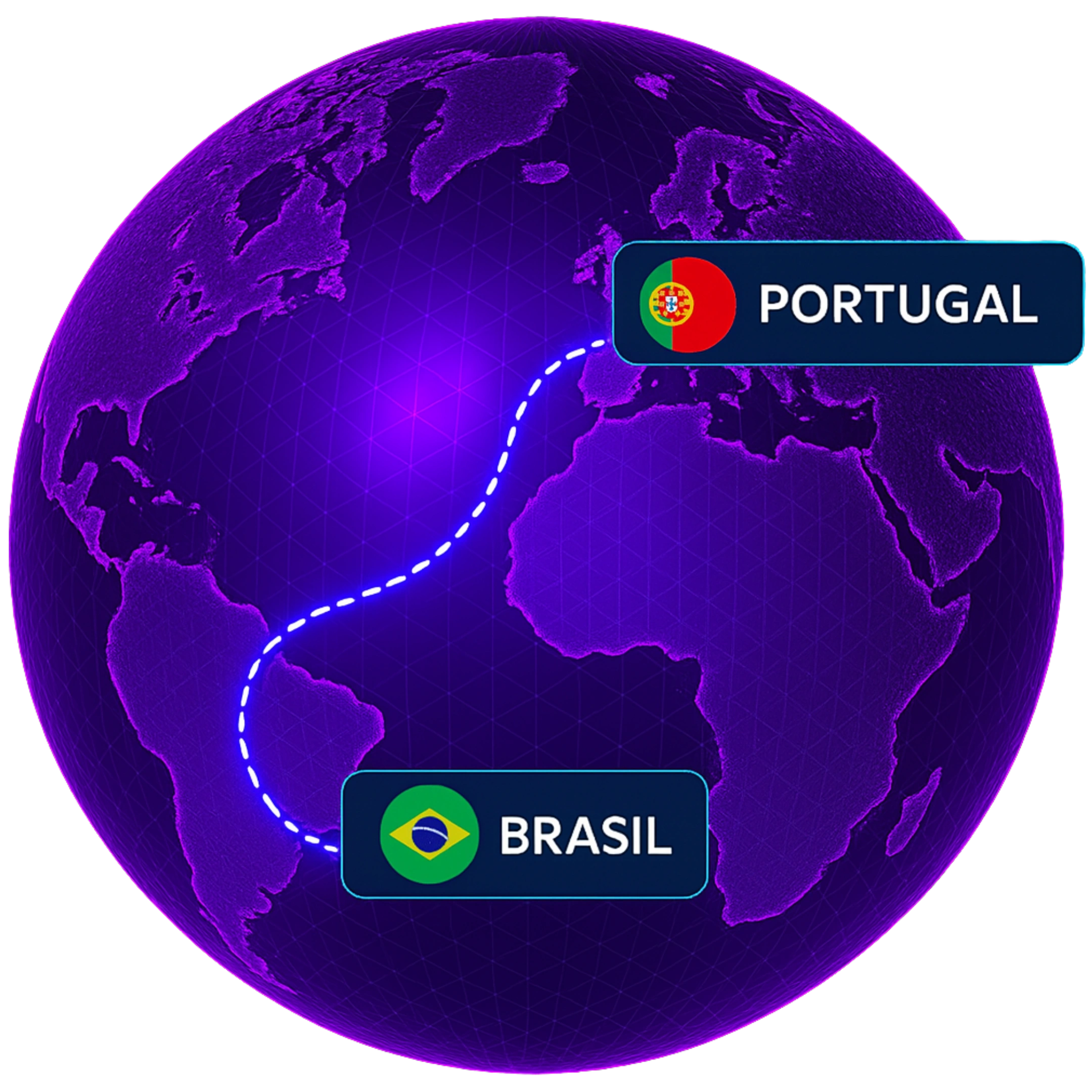 Mapa com rota entre Brasil e Portugal destacando a atuação internacional da Casa Mais em tecnologias imersivas.