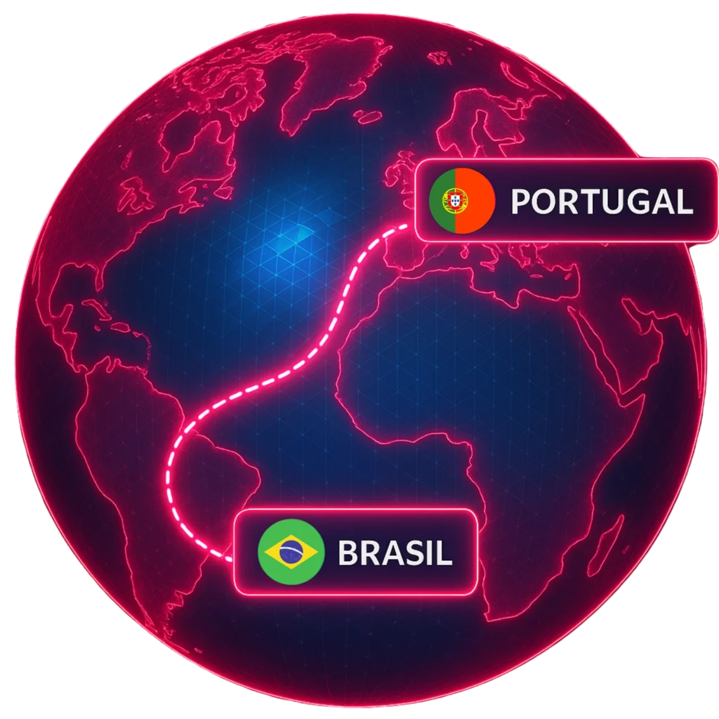 Mapa digital com conexão entre Brasil e Portugal representando a expansão da Casa Mais com serviços de Metaverso.