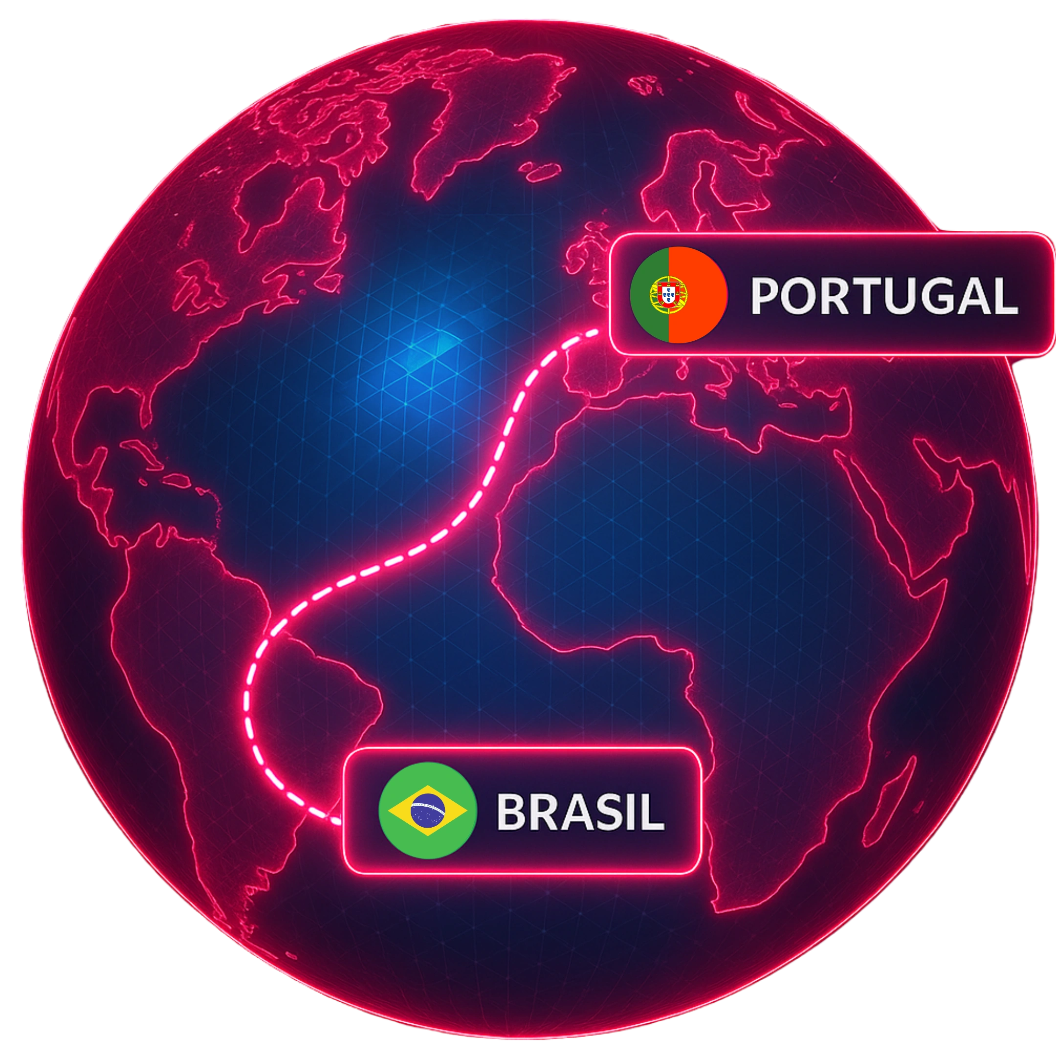 Mapa digital com conexão entre Brasil e Portugal representando a expansão da Casa Mais com serviços de Metaverso.