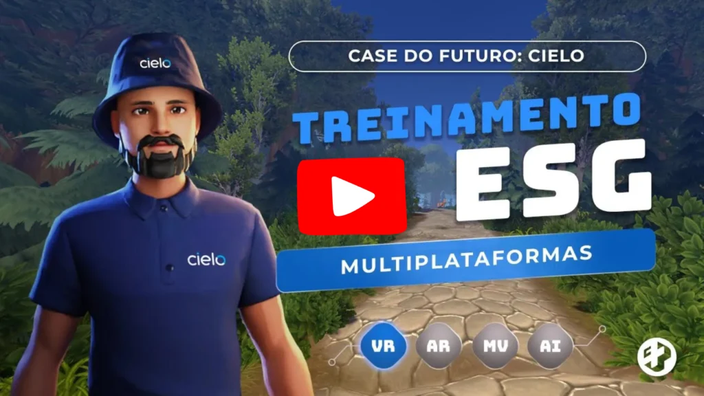 Avatar digital com uniforme da Cielo em cenário 3D de floresta, representando treinamento ESG em Realidade Virtual.