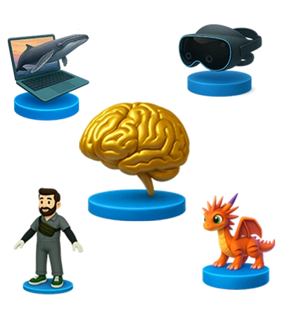 Ícones 3D representando projetos em Realidade Virtual, Realidade Aumentada, Metaverso, Inteligência Artificial e Realidade Mista da Casa Mais.