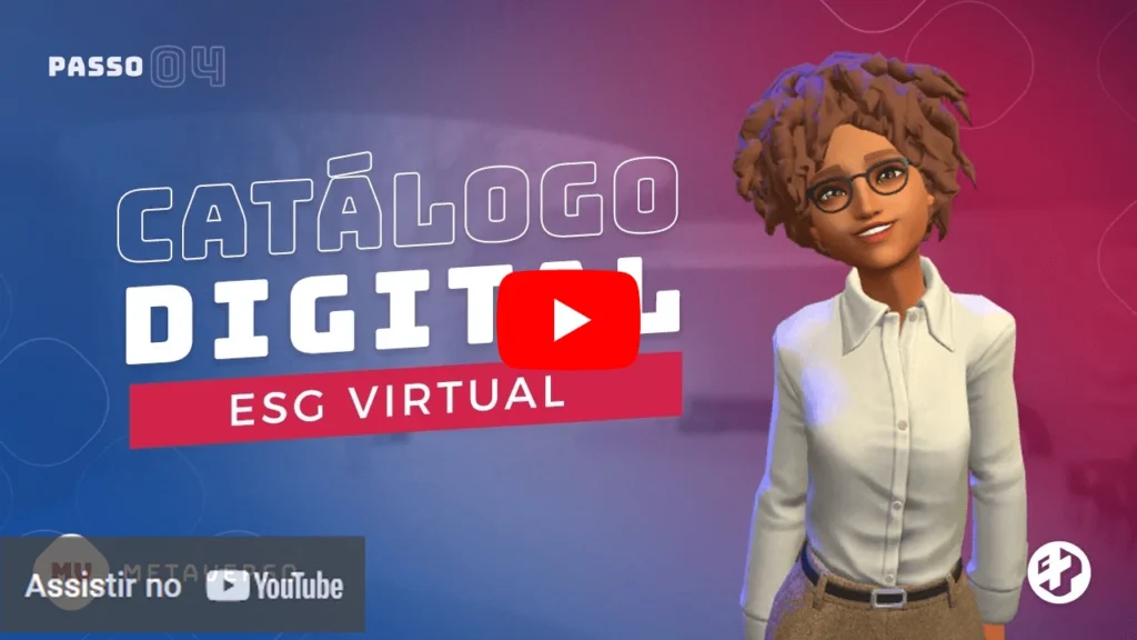 Imagem de uma personagem 3D com óculos sorridente, ao lado do texto “Catálogo Digital – ESG Virtual”, com fundo azul e rosa em estilo moderno.