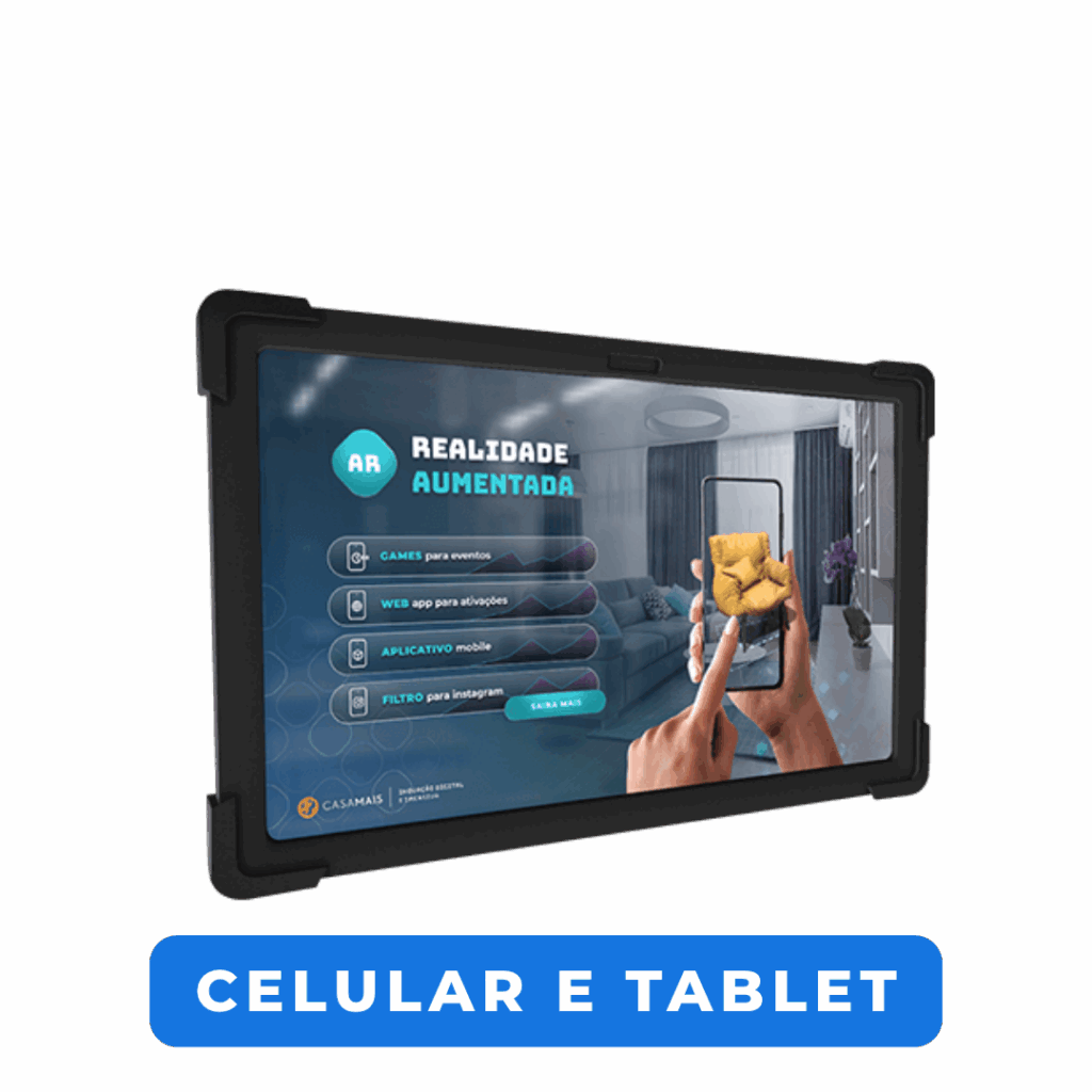 Imagem de um tablet com interface digital em 3D.