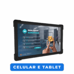 Imagem de um tablet com interface digital em 3D.