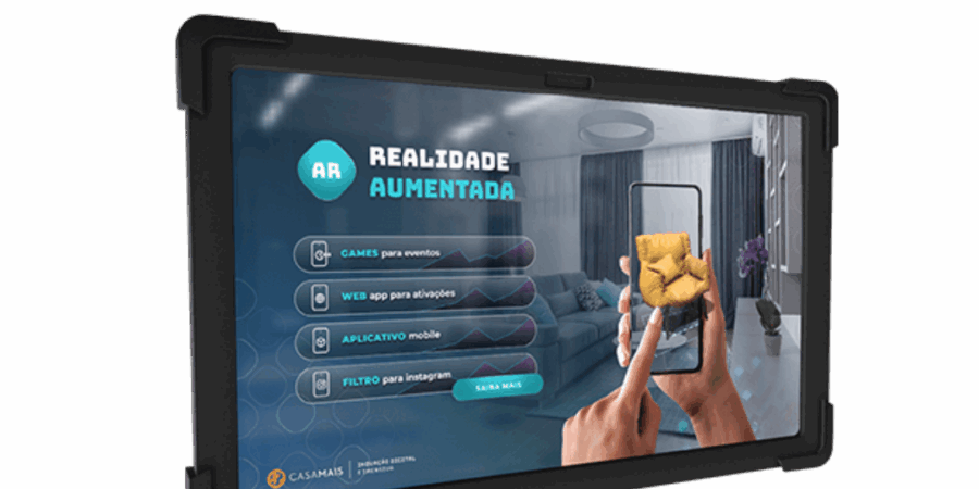 Imagem de um tablet com interface digital em 3D.