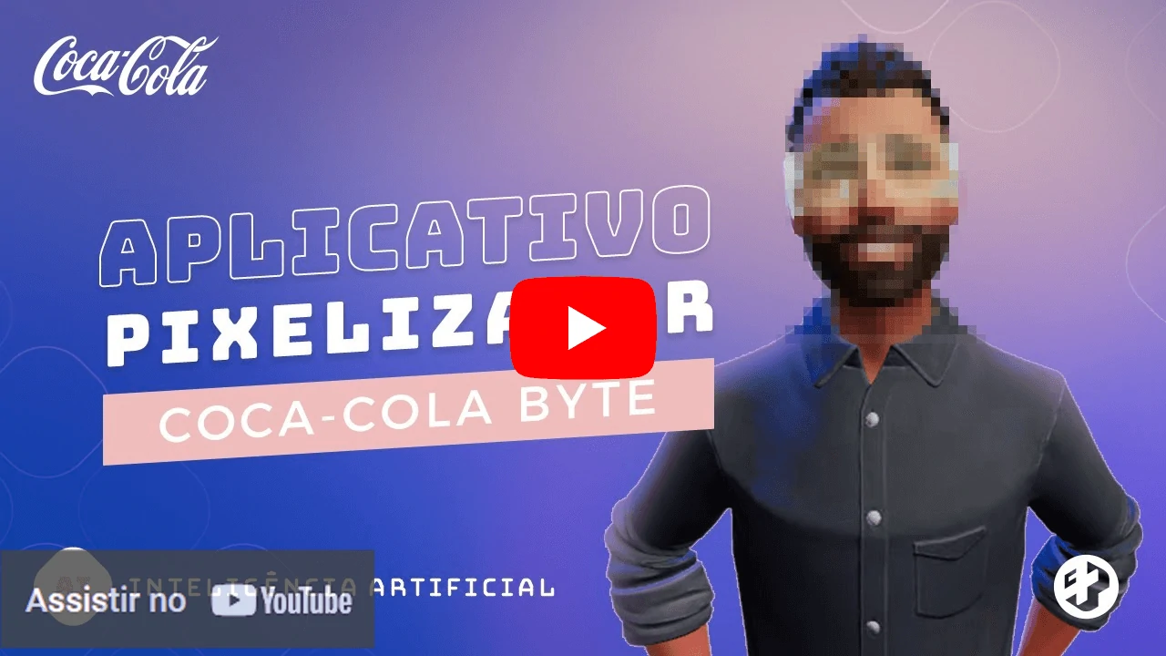 Imagem promocional do aplicativo “Pixelizador Coca-Cola Byte”, com avatar masculino pixelado. Projeto com foco em inteligência artificial e personalização visual.