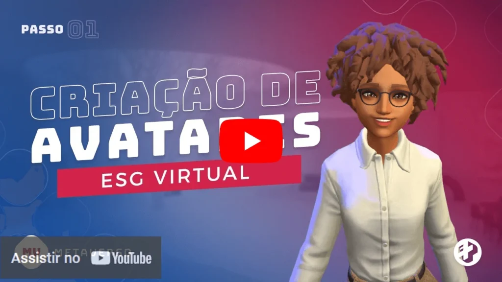 Imagem de uma personagem 3D sorridente com óculos ao lado do texto “Criação de Avatares – ESG Virtual”, em fundo colorido com tons roxos e rosas.