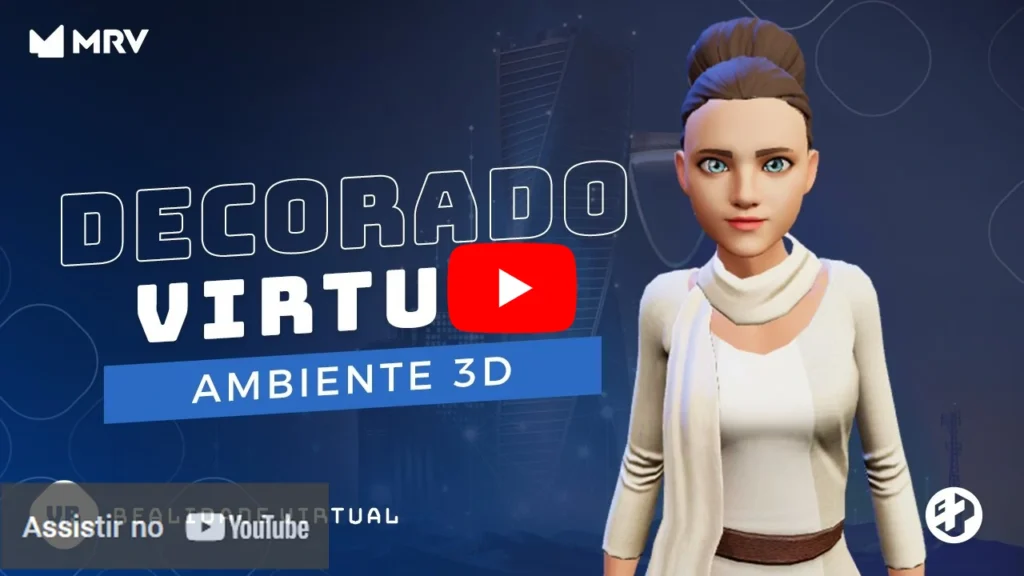 Avatar feminino ao lado de banner sobre decorado virtual em 3D da MRV