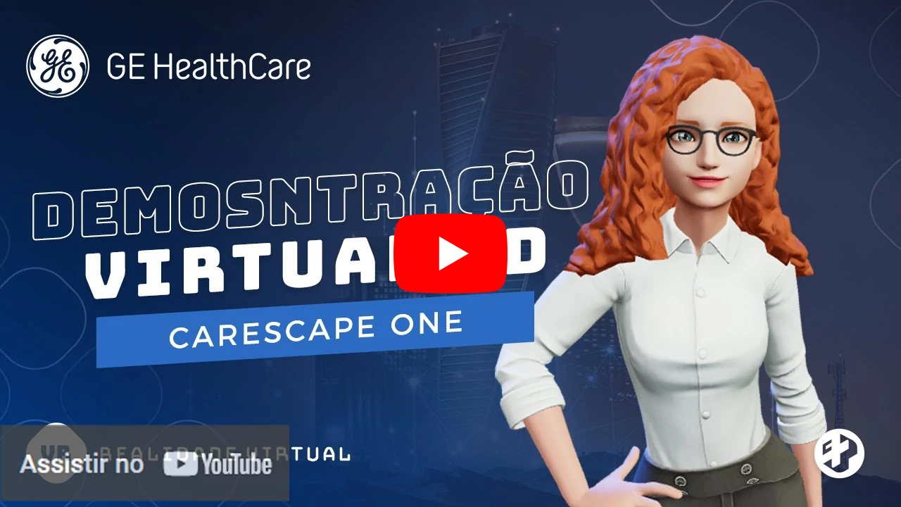 Demonstração virtual do equipamento Carescape One da GE HealthCare com avatar feminino.