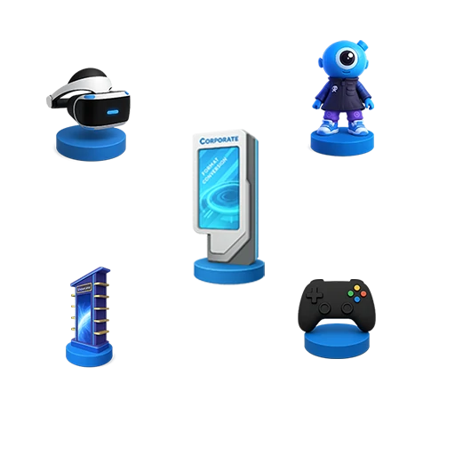 Ícones 3D em pedestais azuis representando elementos de tecnologia e jogos: um headset VR, totem digital, personagem alienígena, expositor, controle de videogame.