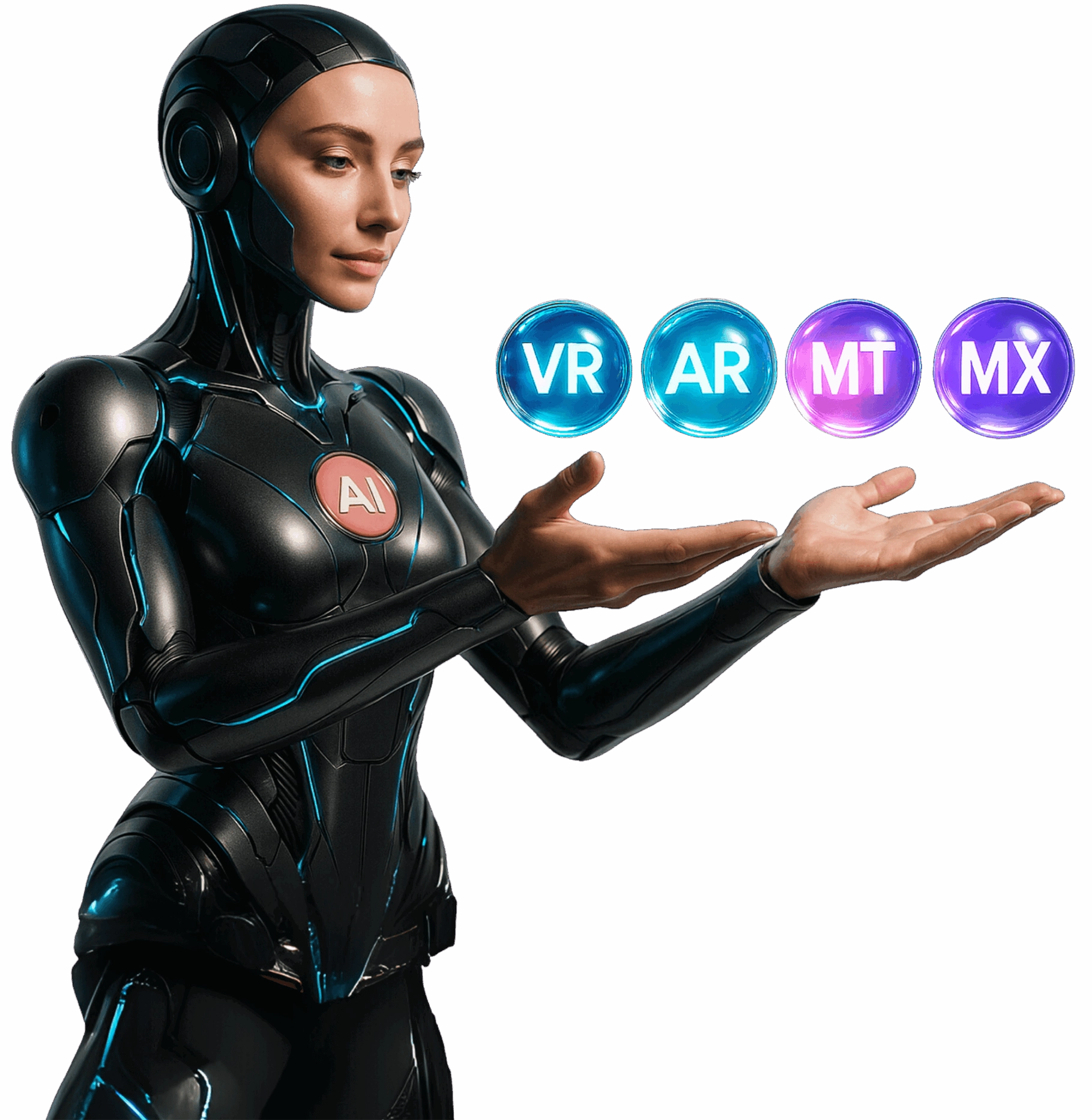 Robô com aparência humana segurando ícones VR,AR,MT e MX, simbolizando a integração entre Inteligência Artificial e experiências imersivas da Casa Mais.