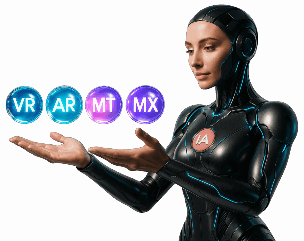 Robô com aparência humana segurando ícones VR,AR,MT e MX, simbolizando a integração entre Inteligência Artificial e experiências imersivas da Casa Mais.