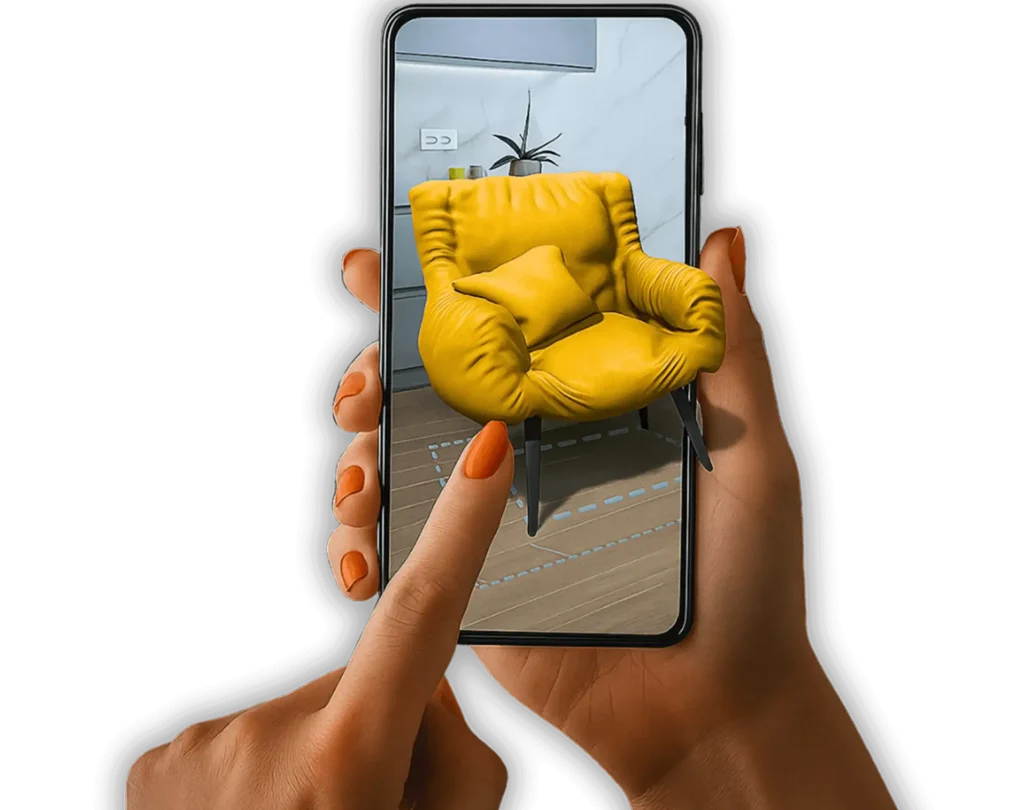 Pessoa interagindo com um móvel em Realidade Aumentada no celular, representando os serviços de AR da Casa Mais.