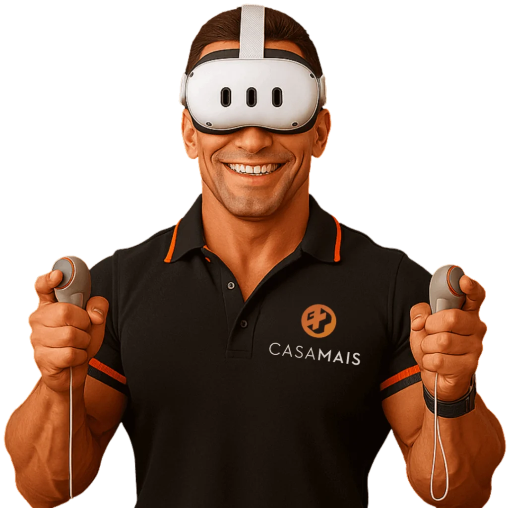 Homem com óculos de Realidade Virtual segurando controles, vestindo uniforme da Casa Mais