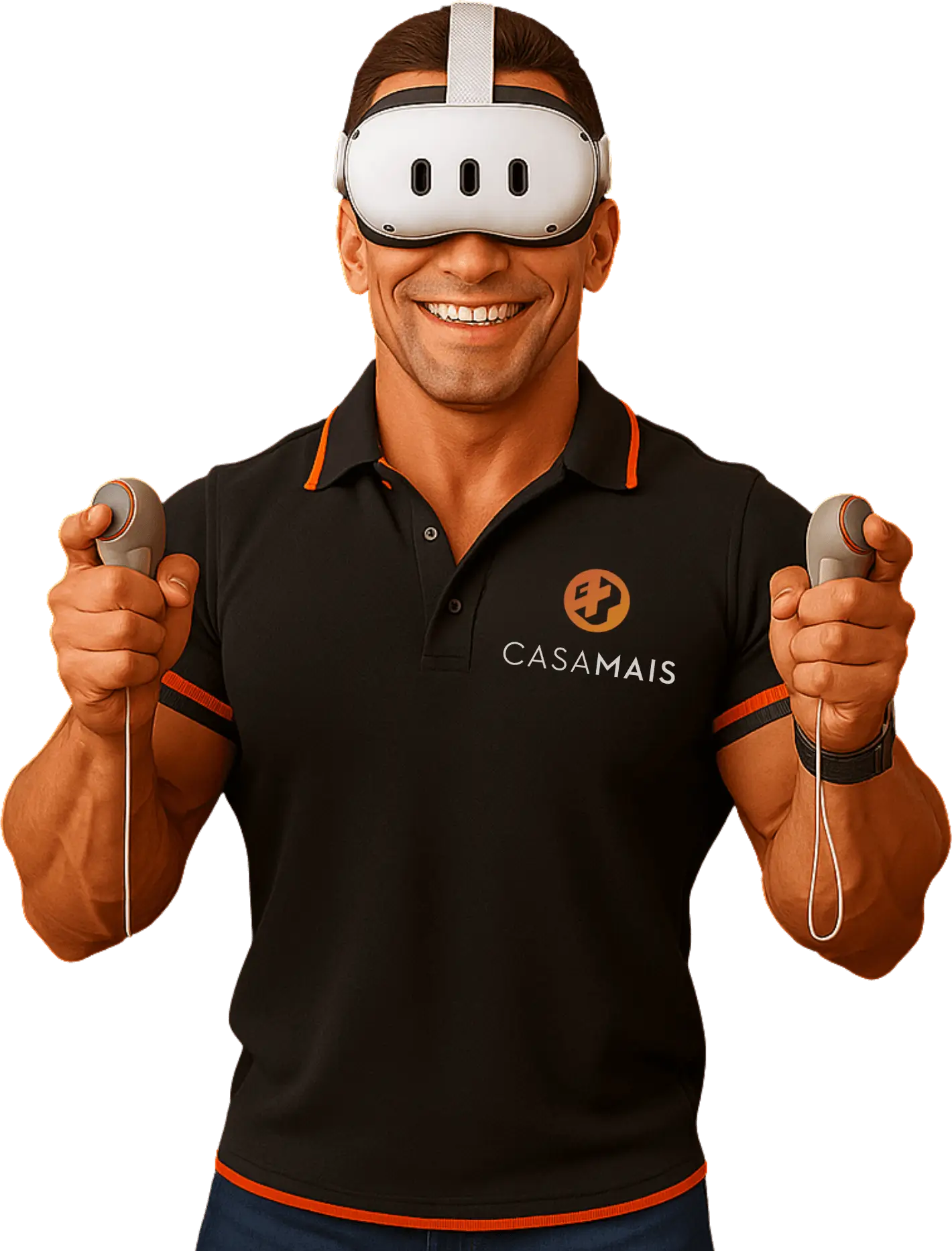 Homem sorridente usando headset de Realidade Virtual e segurando controladores de movimento em cada mão.
