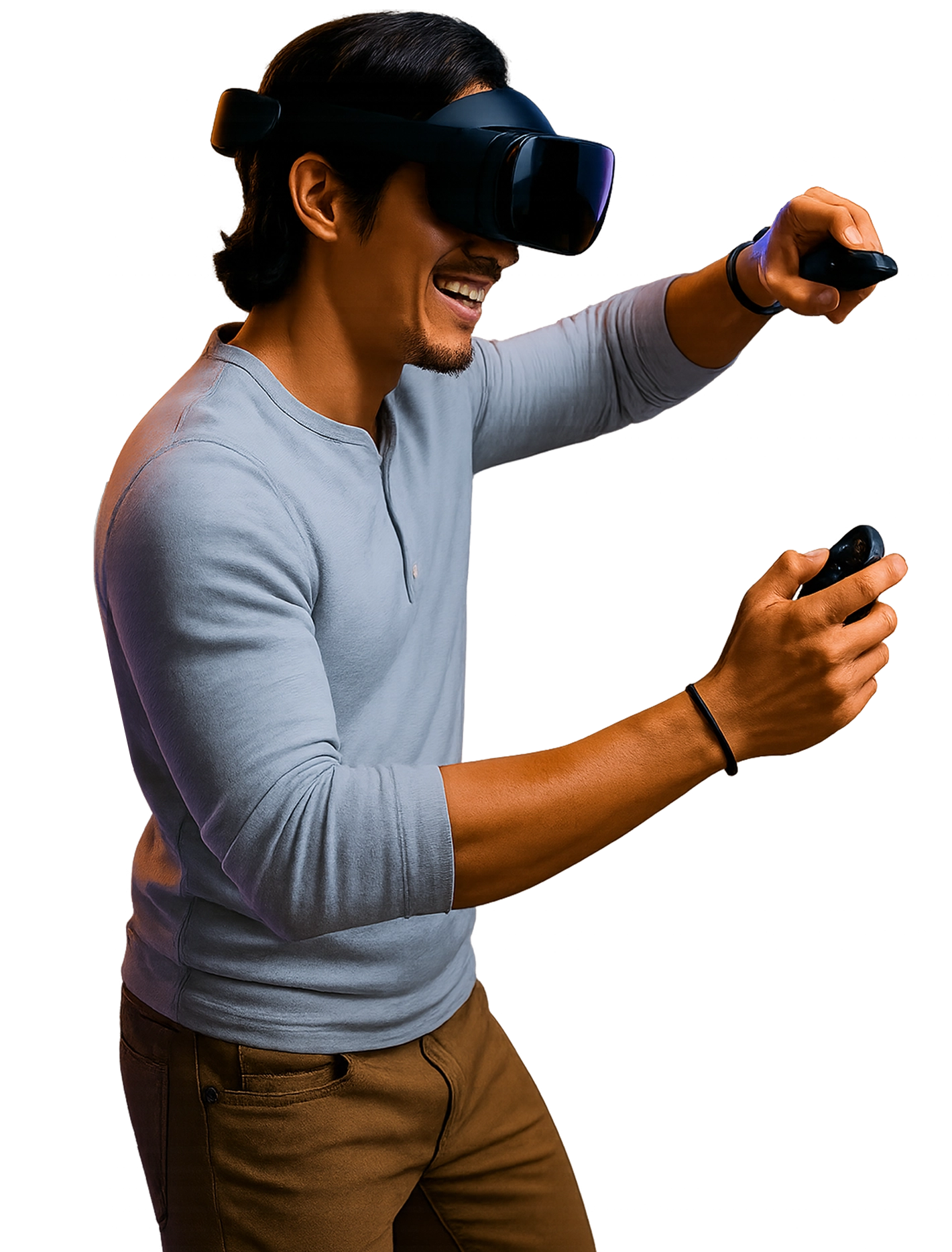 Homem interagindo com ambiente de Realidade Mista usando headset e controles de movimento.