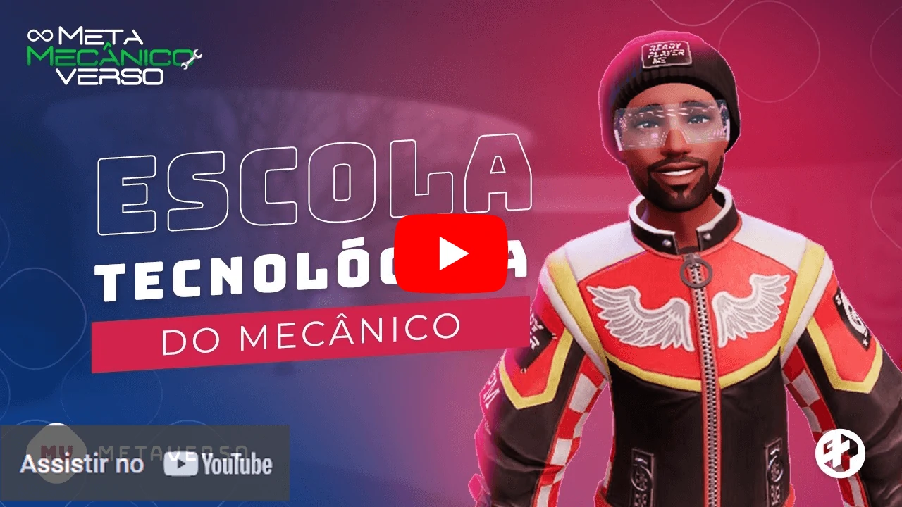 Escola tecnológica do mecânico no Metamecânicoverso com avatar masculino estilizado.
