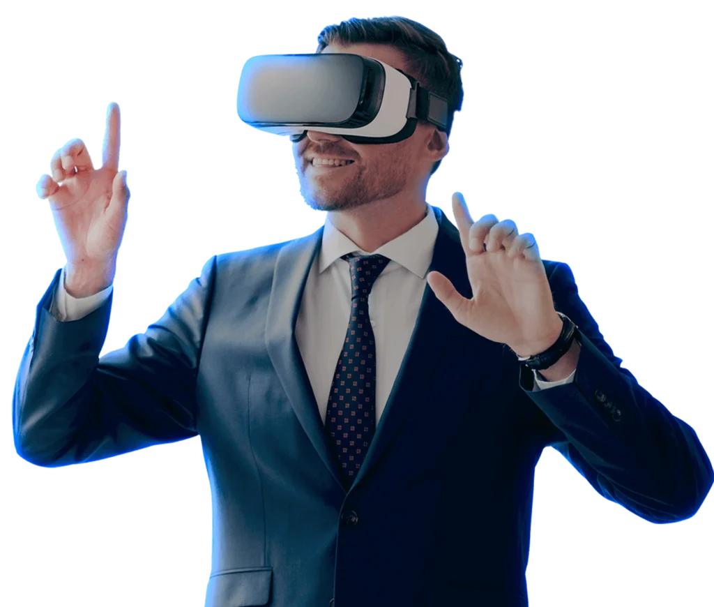 Homem de terno utilizando óculos de realidade virtual com expressão de interação digital